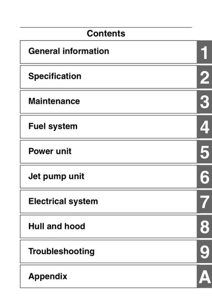 Yamaha WaveRunner V1 Sport VX1050 Sport Cruiser Deluxe PWC Service Manual table of contents
