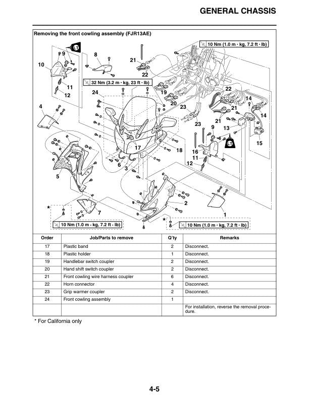 Yamaha FJR1300A Motorcycle Service Manual sample page with diagrams and specifications