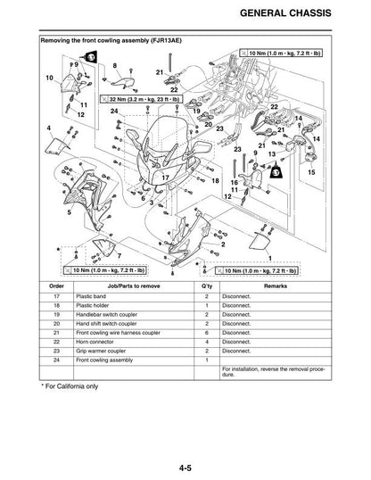 Yamaha FJR1300A Motorcycle Service Manual sample page with diagrams and specifications