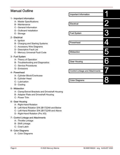 Mercury 150 SeaPro Pro XS FourStroke Outboard Service Manual table of contents