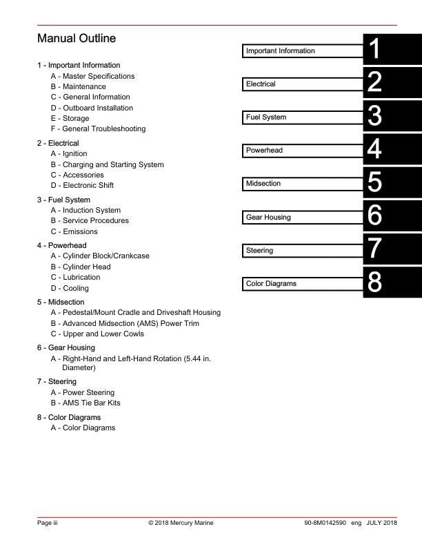 Mercury Verado 250 300 AMS SeaPro Outboard Service Manual table of contents