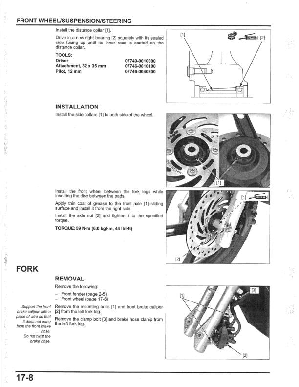 Honda PCX 150 Motorcycle Service Manual sample page with service data and tables