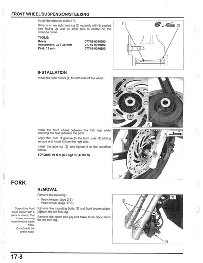 Honda PCX 150 Motorcycle Service Manual sample page with service data and tables