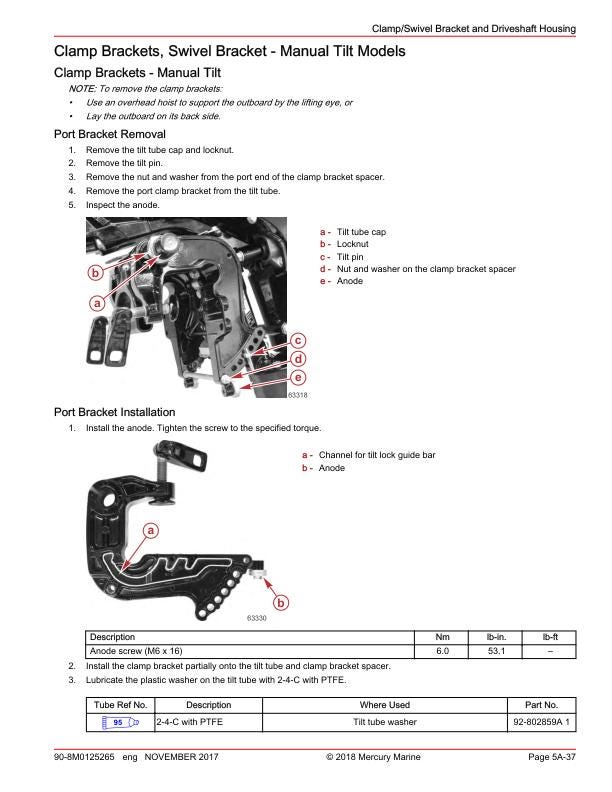 Mercury 15 20 EFI Outboard Service Manual sample page with service data and tables