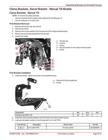 Mercury 15 20 EFI Outboard Service Manual sample page with service data and tables