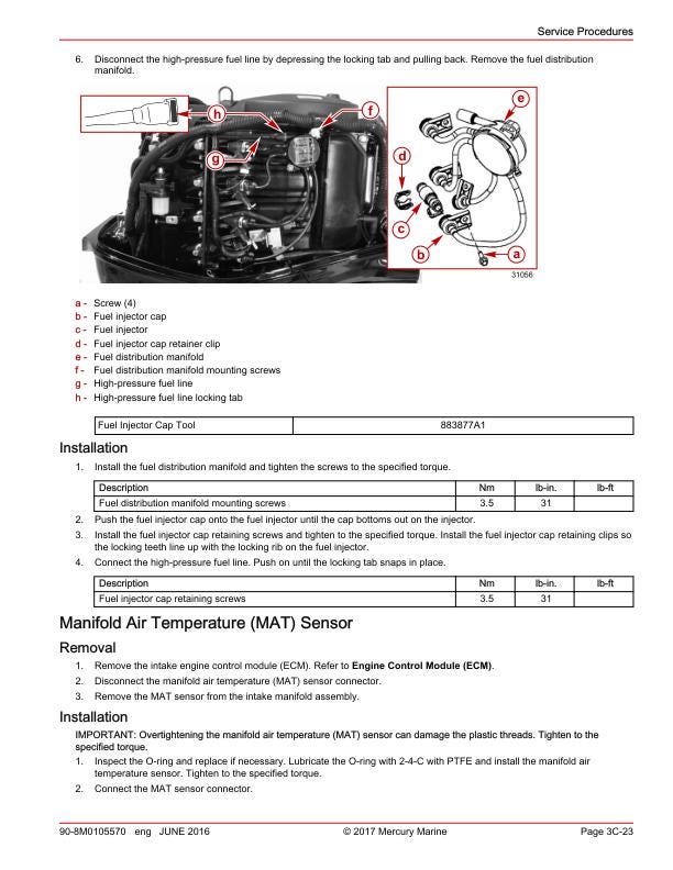 Mercury 40 50 60 SeaPro FourStroke EFI Outboard Service Manual sample page with diagrams and specifications