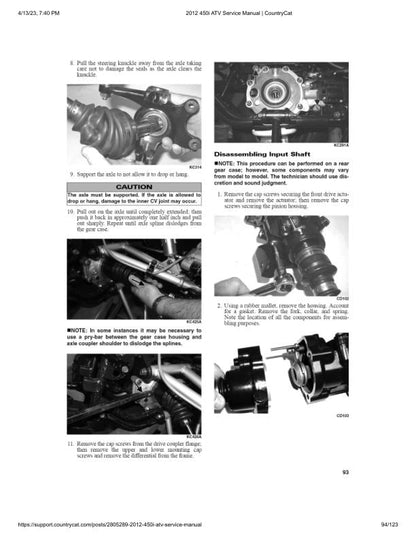 Arctic Cat 450i ATV Service Manual sample page with service data and tables