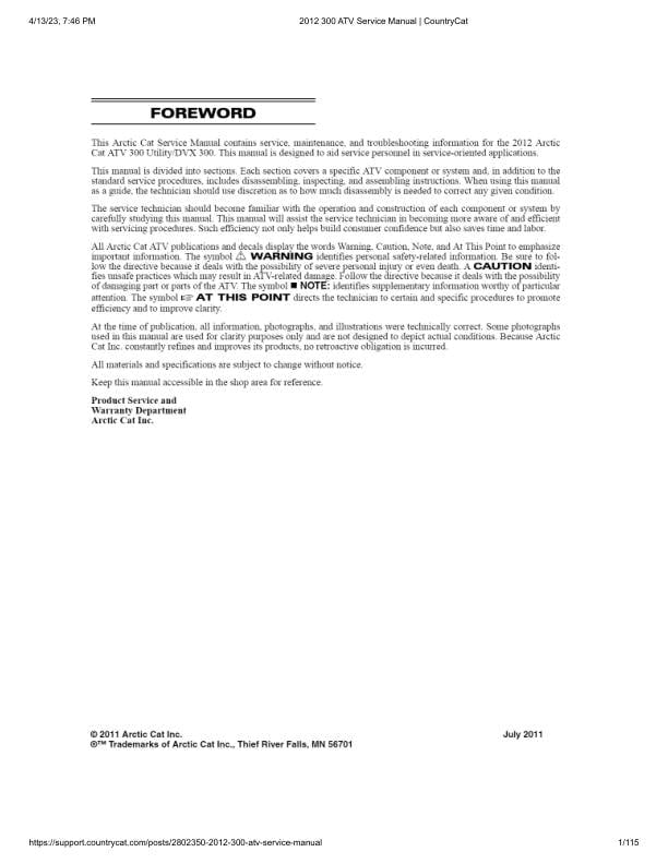 Arctic Cat 300 ATV Service Manual factory service manual title page