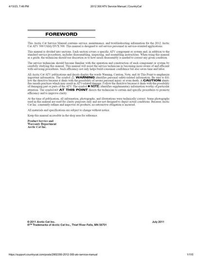 Arctic Cat 300 ATV Service Manual factory service manual title page