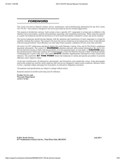 Arctic Cat Arctic Cat 150 ATV Service Manual factory service manual title page