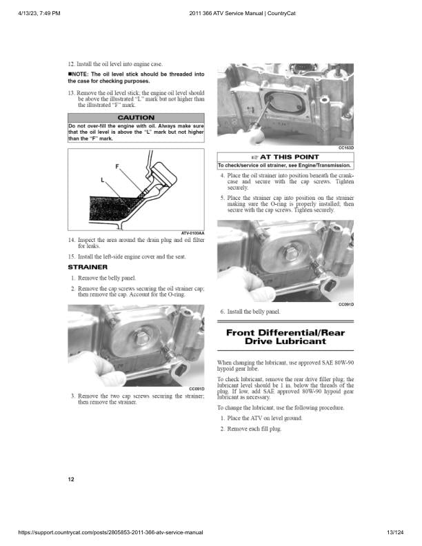 Arctic Cat 366 ATV Service Manual table of contents