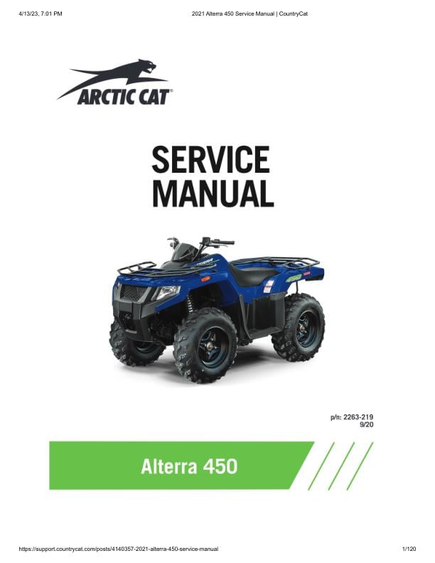 Arctic Cat Alterra 450 ATV Service Manual factory service manual title page