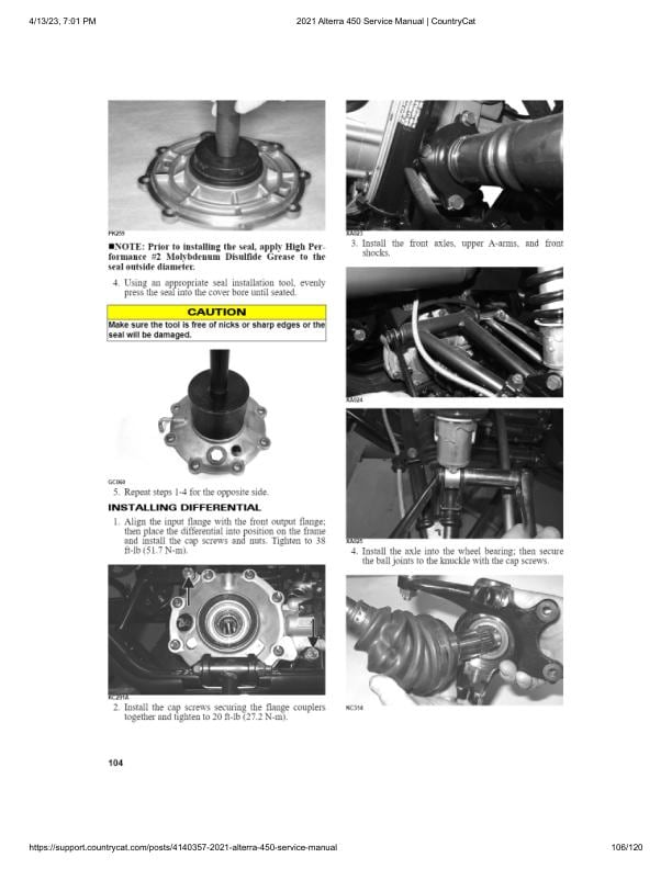 Arctic Cat Alterra 450 ATV Service Manual sample page with technical illustrations