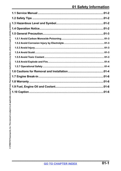CFMOTO CForce CF600 CF625 AZ AU Atr Service Repair Manual table of contents