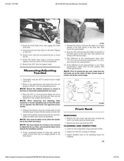 Arctic Cat 400 ATV Service Manual sample page with diagrams and specifications