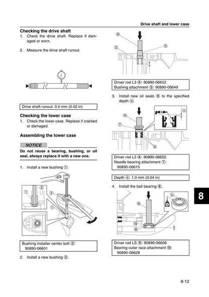 Yamaha F4B F5A F6C Outboard Service Manual sample page with service data and tables