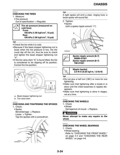 Yamaha YZ250 Motorcycle Service Manual sample page with diagrams and specifications