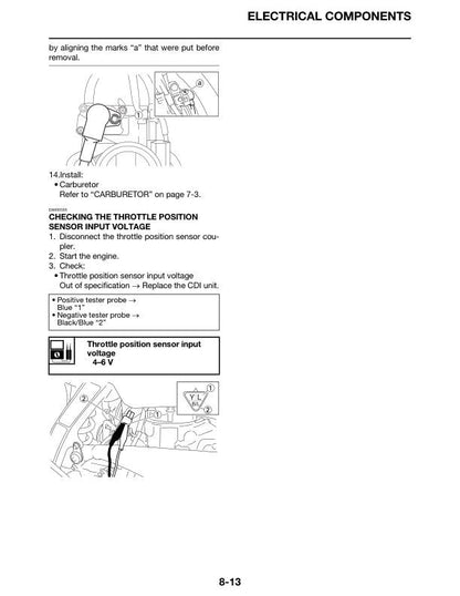 Yamaha YZ250 Motorcycle Service Manual sample page with service data and tables