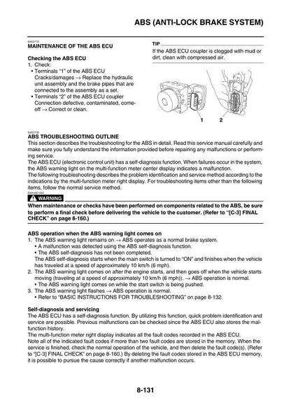 Yamaha FJR1300A Motorcycle Service Manual sample page with technical illustrations