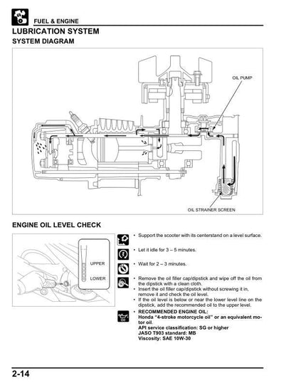Honda Elite 125 Scooter Service Manual sample page with diagrams and specifications