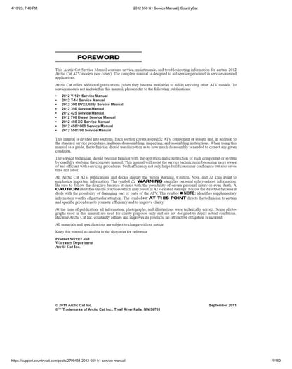 Arctic Cat 650 H1 ATV Service Manual factory service manual title page