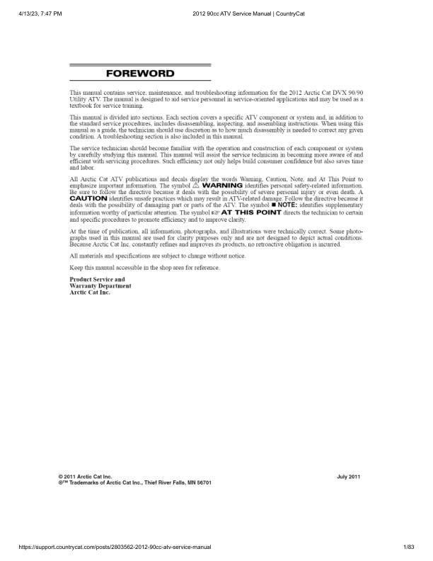 Arctic Cat 90cc ATV Service Manual factory service manual title page