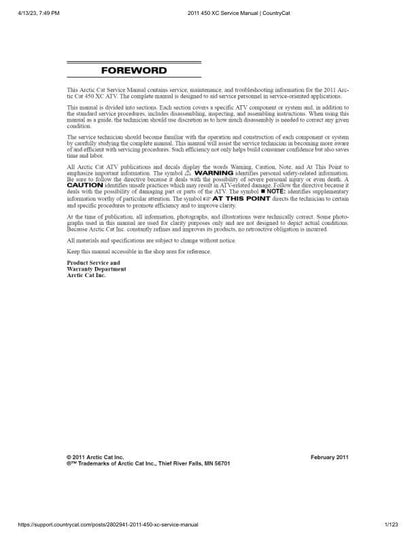Arctic Cat 450xc ATV Service Manual factory service manual title page
