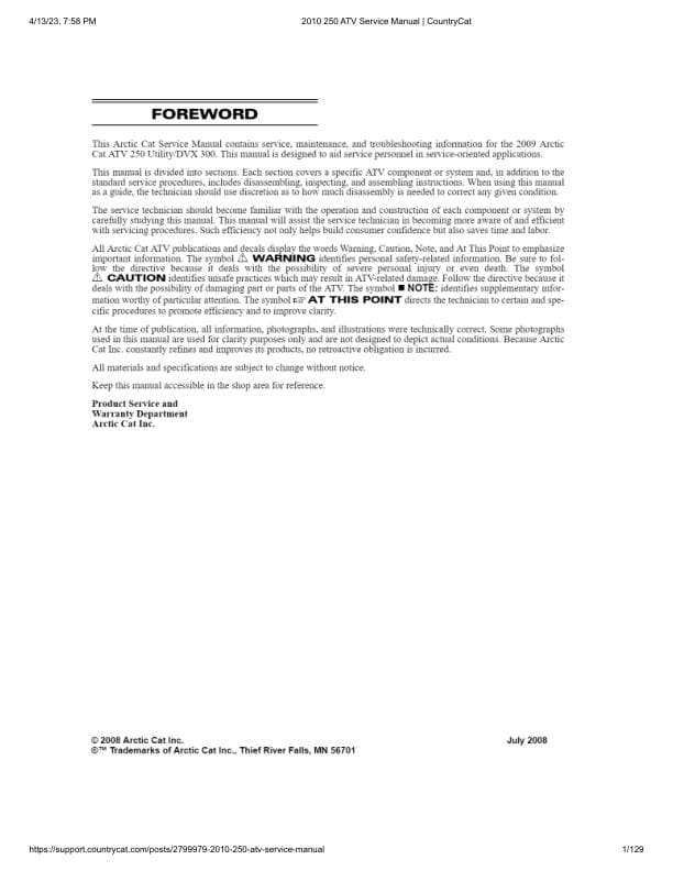 Arctic Cat 250 ATV Service Manual factory service manual title page