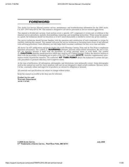 Arctic Cat 250 ATV Service Manual factory service manual title page
