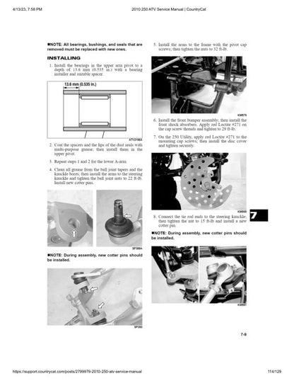 Arctic Cat 250 ATV Service Manual sample page with service data and tables