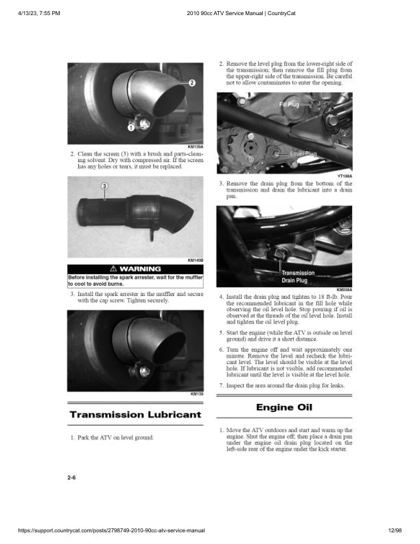 Arctic Cat 90cc ATV Service Manual table of contents