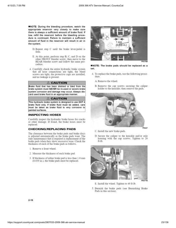 Arctic Cat 366 ATV Service Manual table of contents