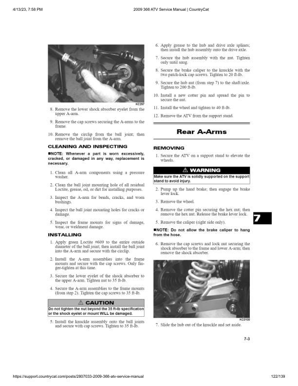 Arctic Cat 366 ATV Service Manual sample page with service data and tables