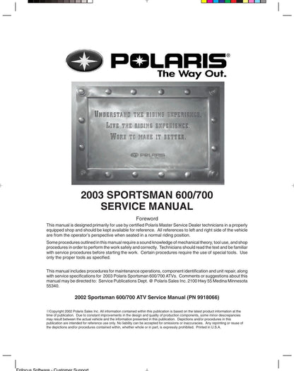 Polaris Sportsman 600 700 ATV Service Manual | 2002-2003 - sample page 4