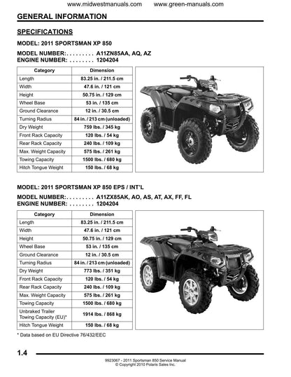 Polaris Sportsman 850 ATV Service Manual | 2011-2015 - sample page 5