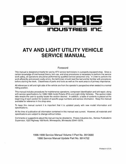 Polaris ATVs Service Manual | 1996-1998 - sample page 2
