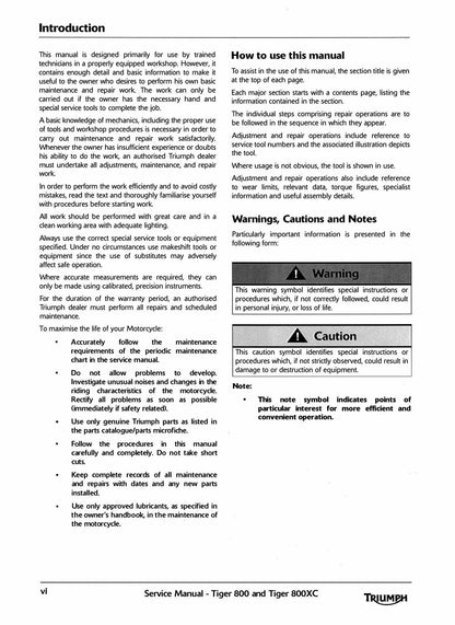 Triumph Tiger 800 800XC Motorcycle Service Manual | 2010-2014 - sample page 6