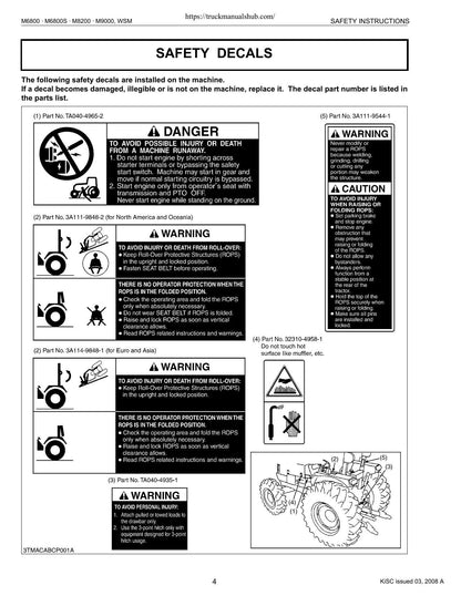 Kubota M6800 M6800S M8200 M9000 Tractor Service Manual | 2001-2005 - sample page 3