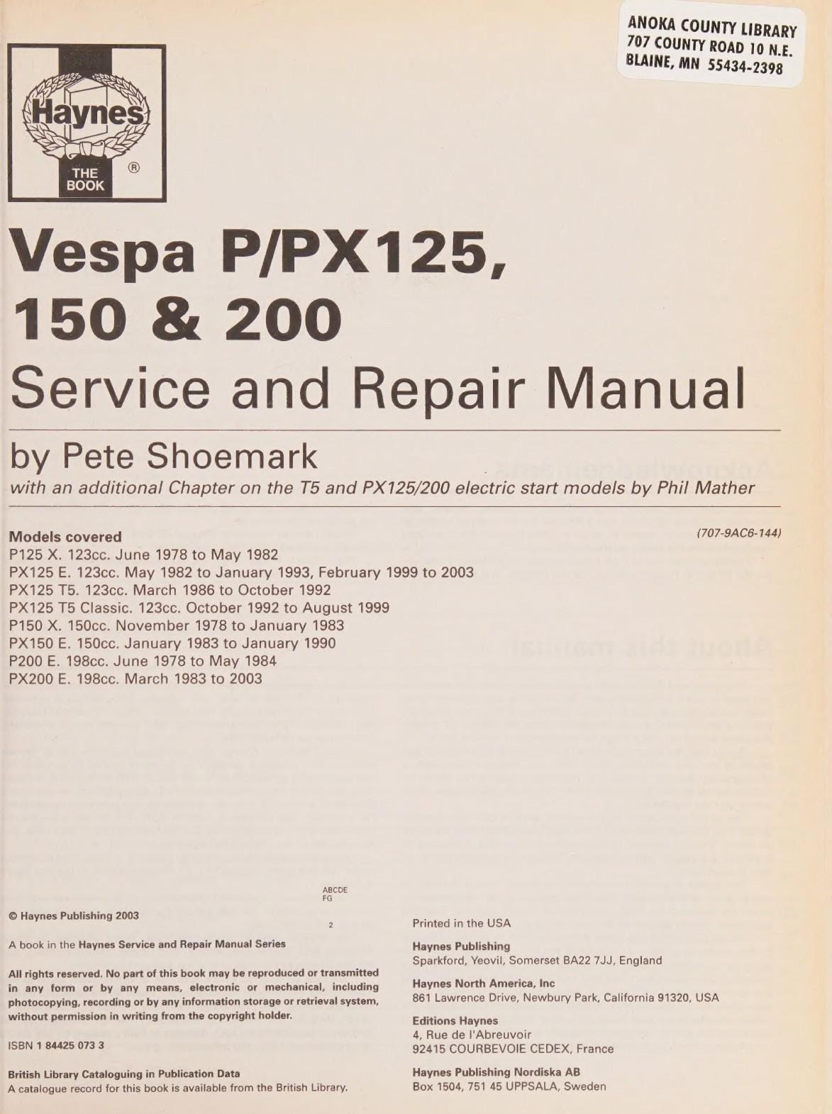 Vespa P PX125 150 200 Scooter Service Manual | 1978-2003 - sample page 4