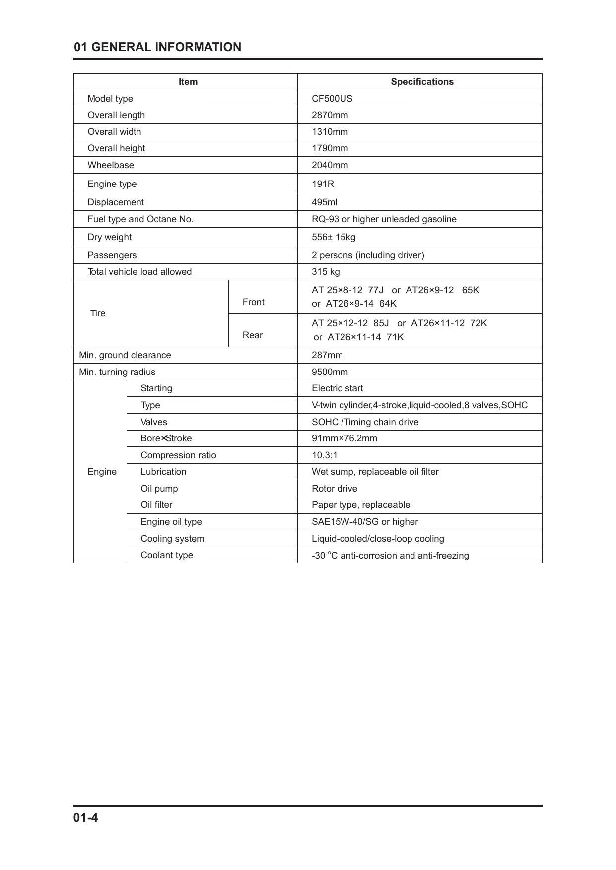 CFMOTO Zforce 500 550 UTV Service Manual | 2018-2022 - sample page 9