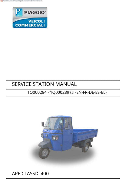 Piaggio Ape Classic 400 Three Wheeler Service Manual | 2015-2019 - sample page 1