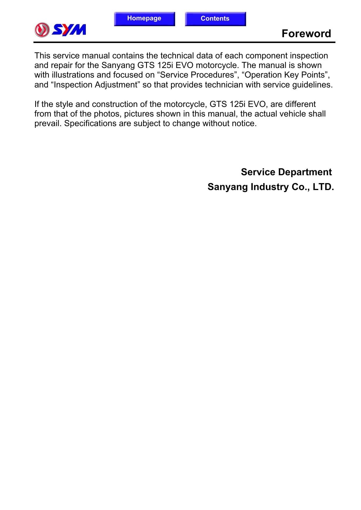 SYM GTS 125I EVO Motorcycle Service Manual | 2010-2014 - sample page 2