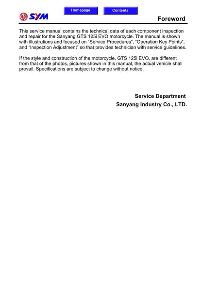 SYM GTS 125I EVO Motorcycle Service Manual | 2010-2014 - sample page 2