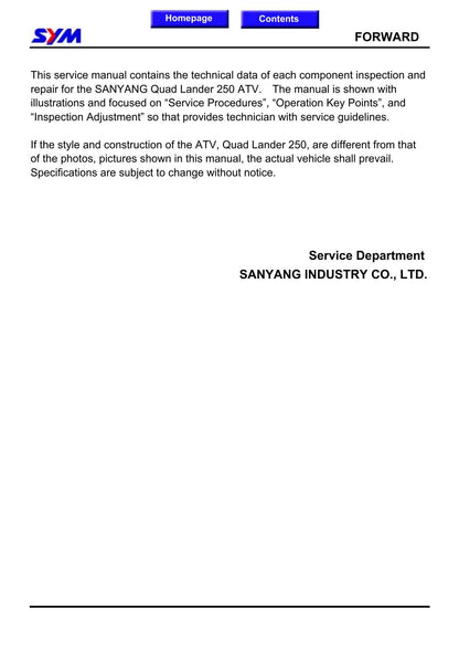 SYM Quad Lander 250 UA25A ATV Service Manual | 2003-2007 - sample page 2