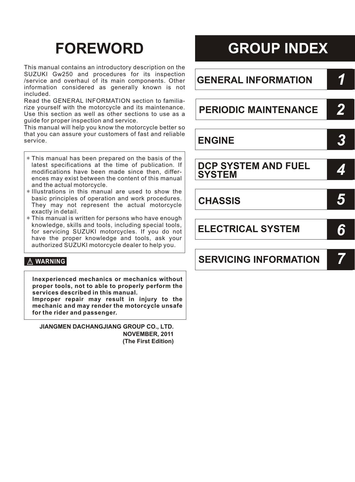 Suzuki GZ150 Motorcycle Service Manual | 2011-2015 - sample page 2