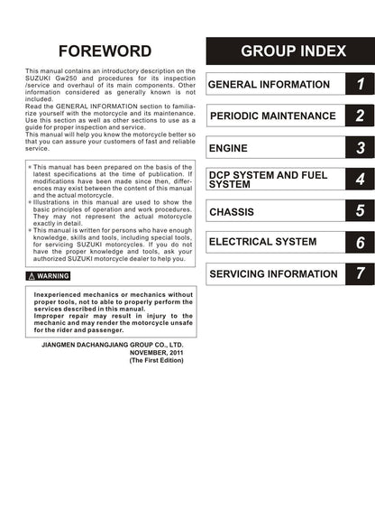 Suzuki GZ150 Motorcycle Service Manual | 2011-2015 - sample page 2