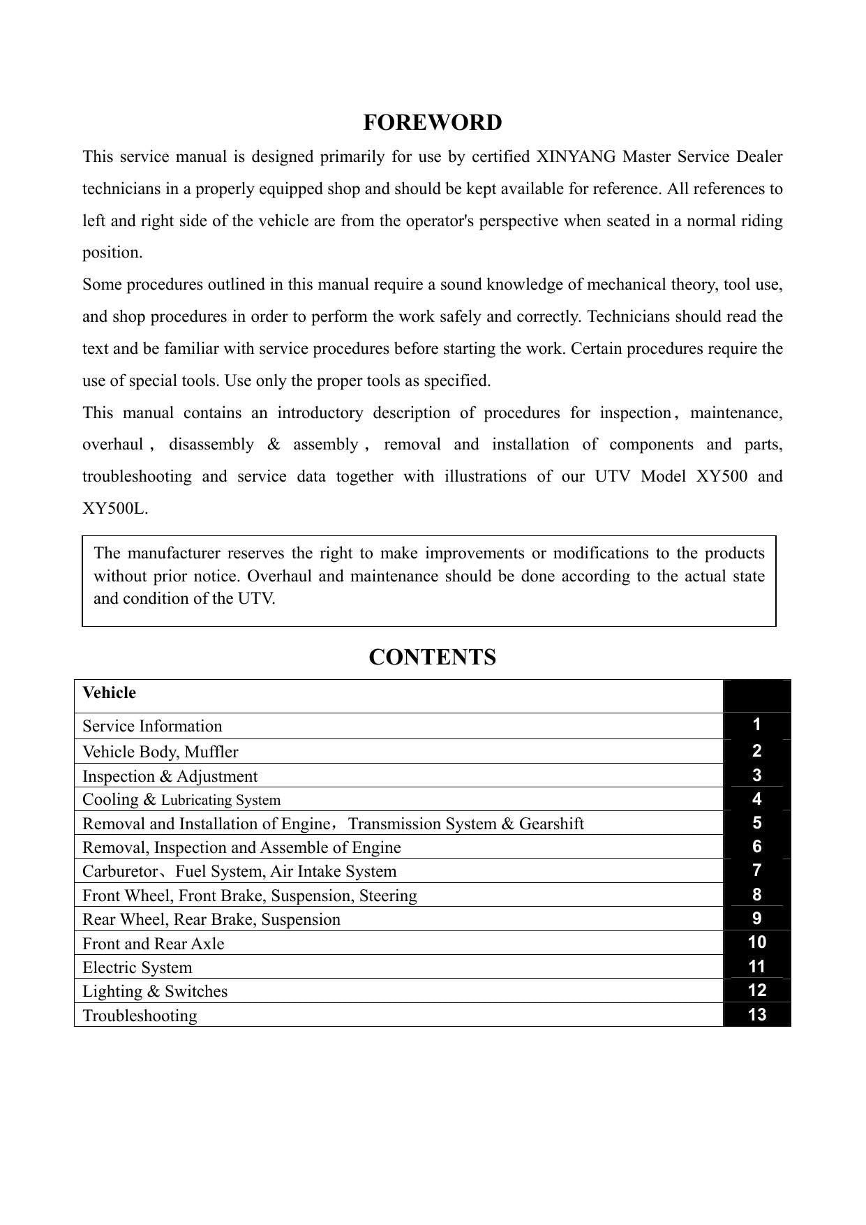 XY Powersports XY500 4x4 UTV Service Manual | 2010-2014 - sample page 6