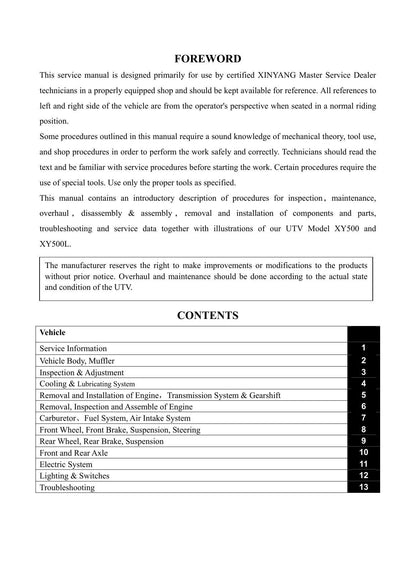 XY Powersports XY500 4x4 UTV Service Manual | 2010-2014 - sample page 6