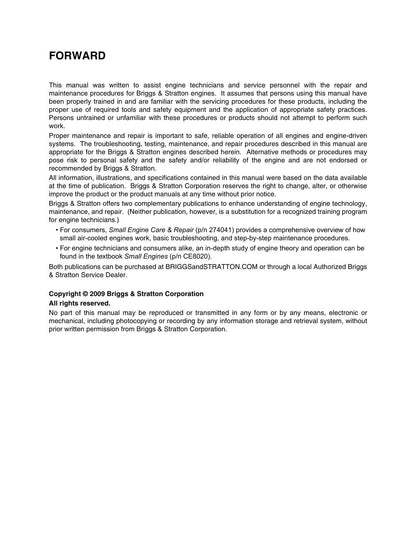 Briggs Stratton Single Cylinder OHV Small Engine Service Manual | 2009-2013 - sample page 6