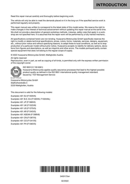 Husqvarna Svartpilen 401 Motorcycle Service Manual | 2022-2026 - sample page 6